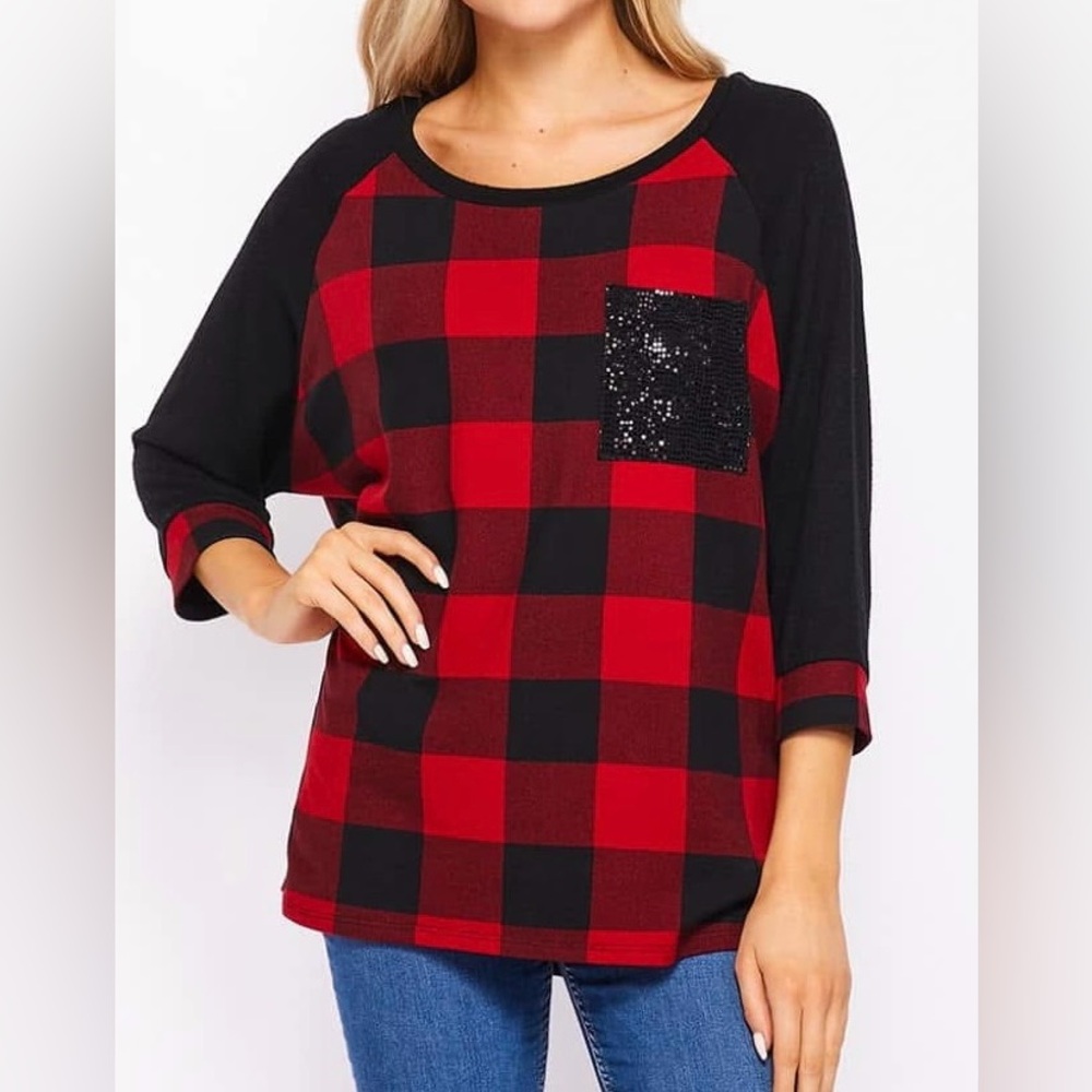 Women's Buffalo Plaid Dolman Top with Sequin Pocket